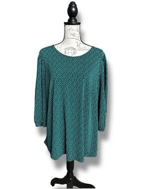 Adrianna Papell Green Floral Print Balloon Sleeve Tunic Blouse Back Keyhole 1X